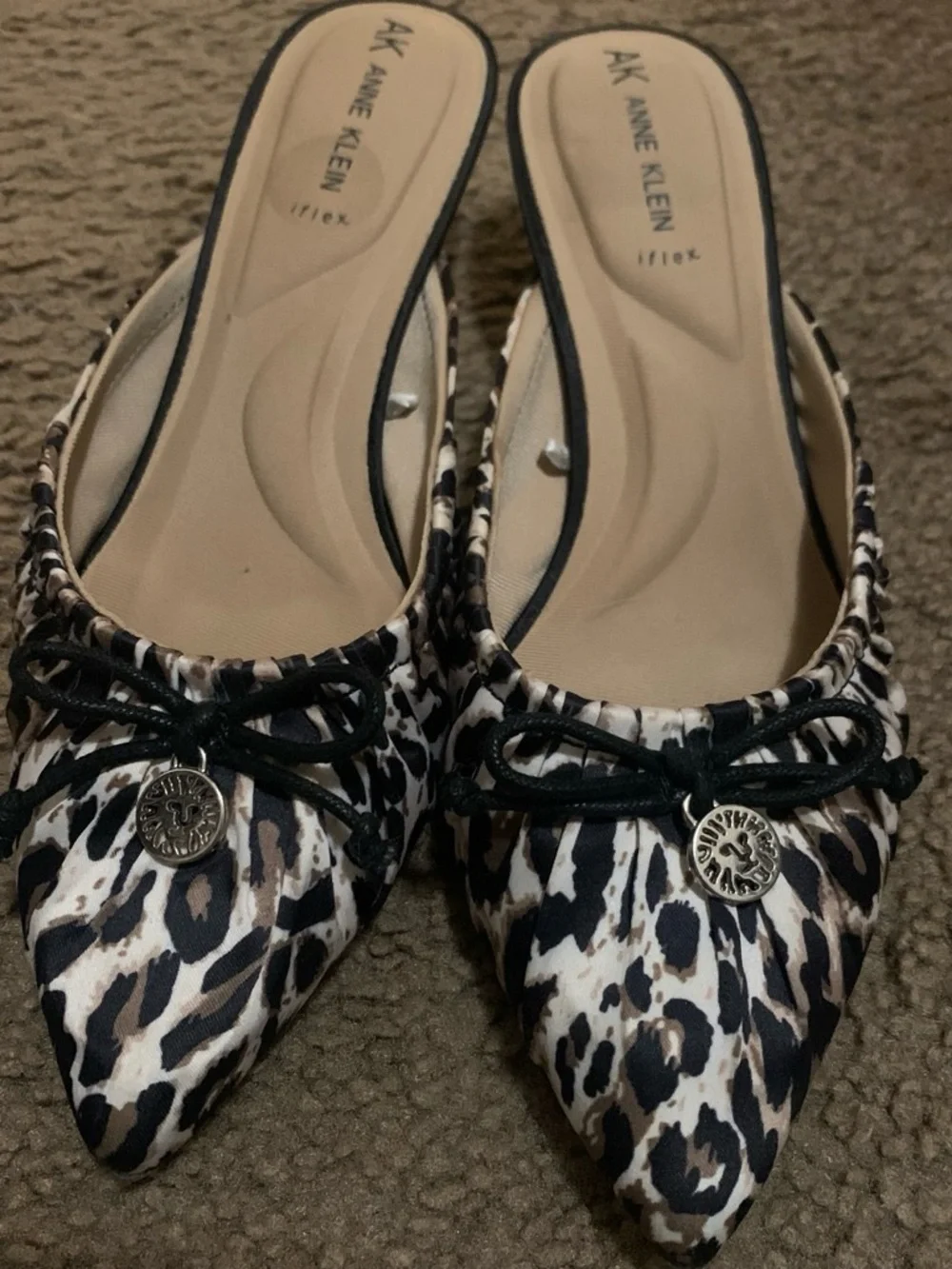 Anne Klein Black and White Leopard Pointed Toe Flats with Bow - Picture 2 of 3